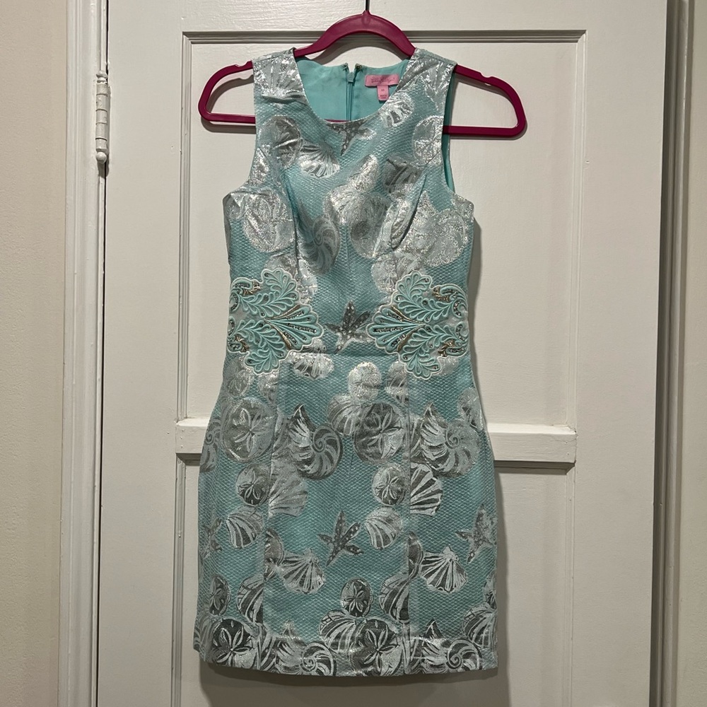 Iilly Pulitzer ice blue silver crystal seashell metallic dress 00 like new